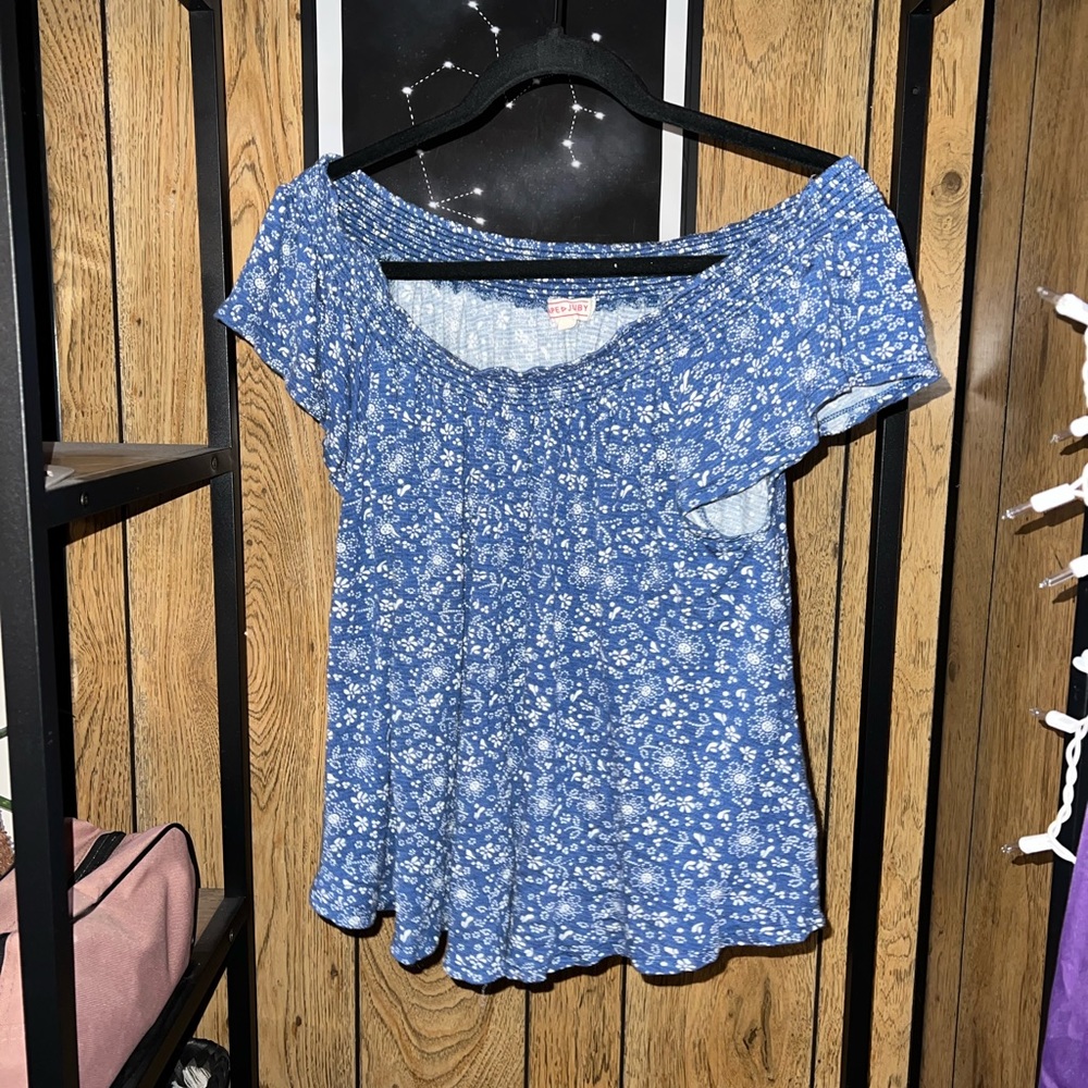 Off the shoulder blue with white floral pattern top